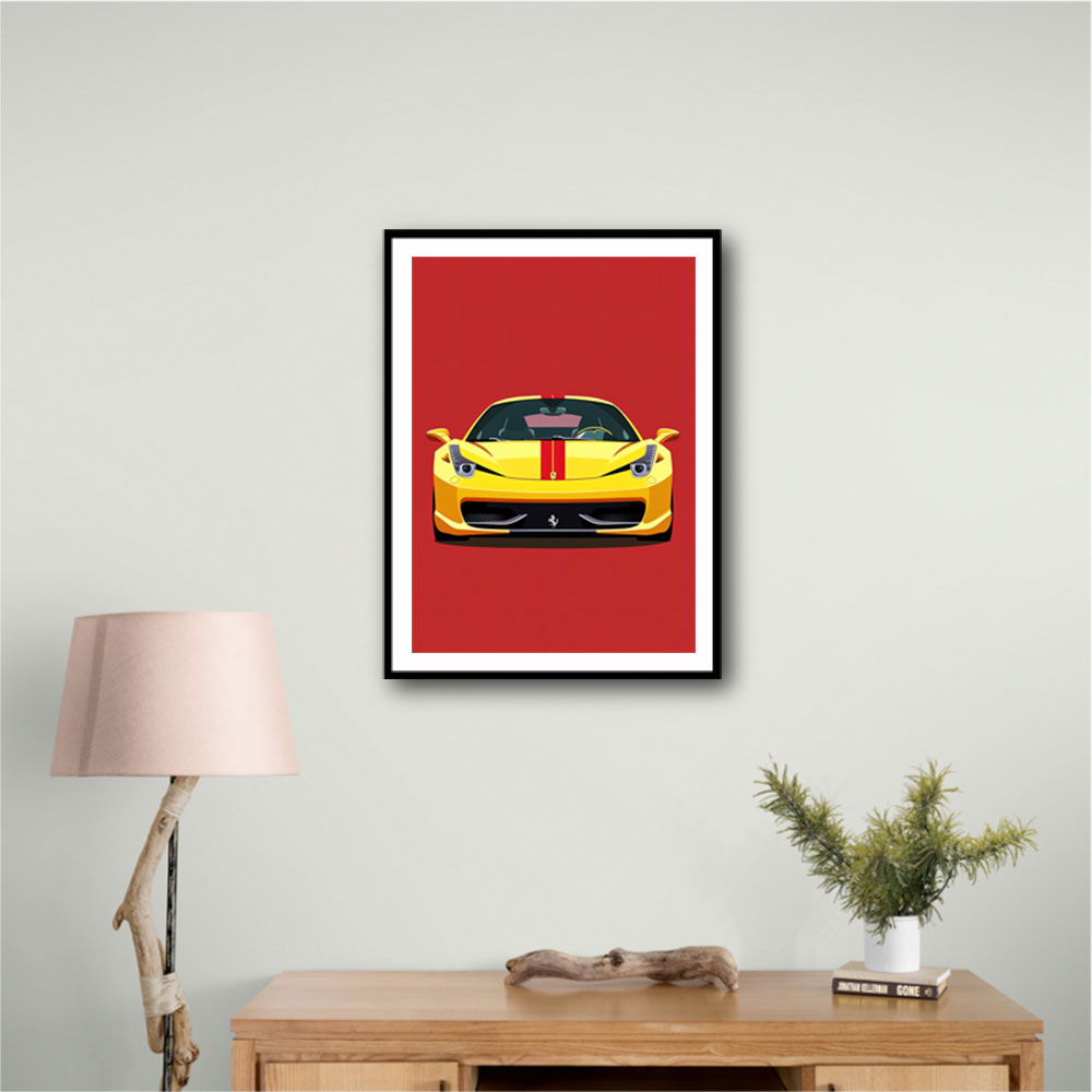 Ferrari 458 Yellow on Red Poster Style Wall Art